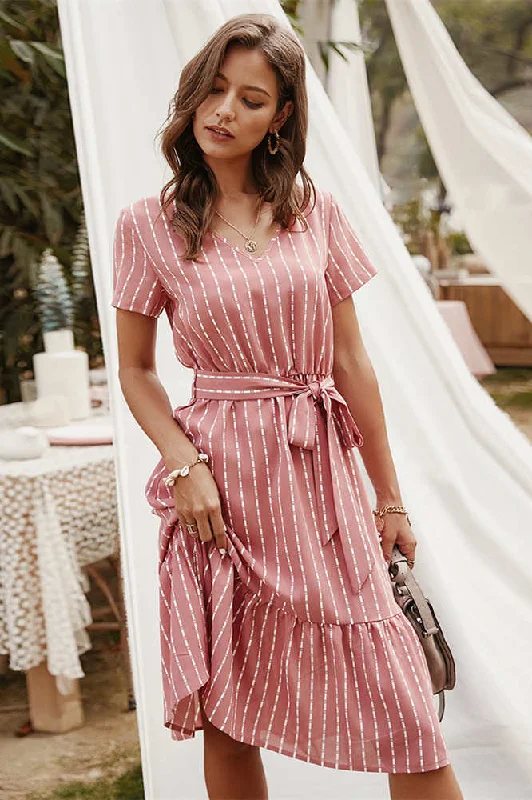 Stock Clearance Elegant V-Neck Long Summer Dress with Stripe