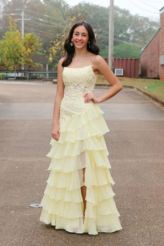 Discount Mania Spaghetti Straps Yellow Lace Appliques Mermaid Formal Dress