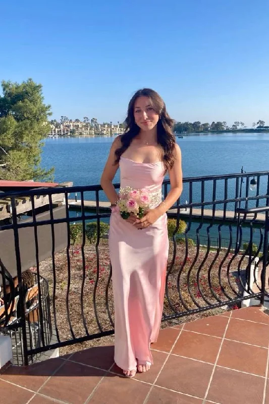 Clearance Sale Spaghetti Straps Pink Fitted Long Party Dress with Slit
