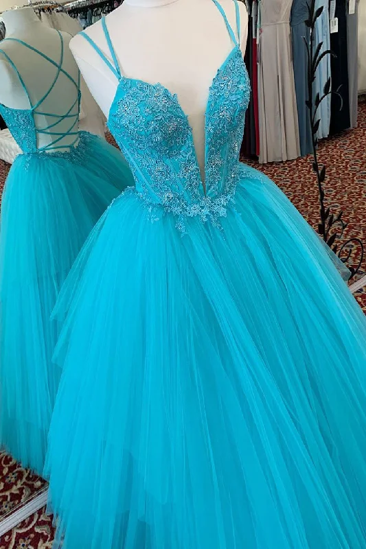 Price Cut Elegant Straps Criss Cross Back Sky Blue Long Prom Dress with Lace Appliques
