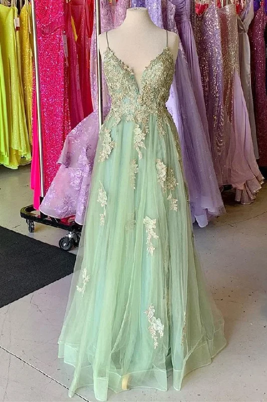 Limited Stock Dusty Sage V Neck Straps Beaded Appliques Keyhole Long Prom Dress with Slit