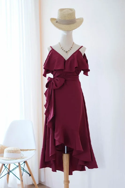 Clearance Items Elegant High-Low V-Neck Burgundy Homecoming Dress with Ribbon