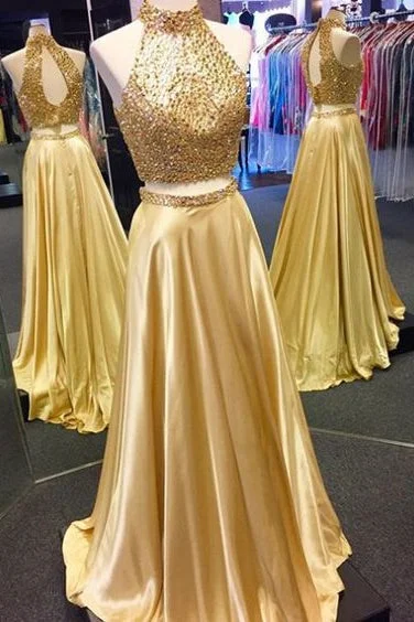 YEAR-End Sale Two Piece Sequined High Neck Gold Prom Dress