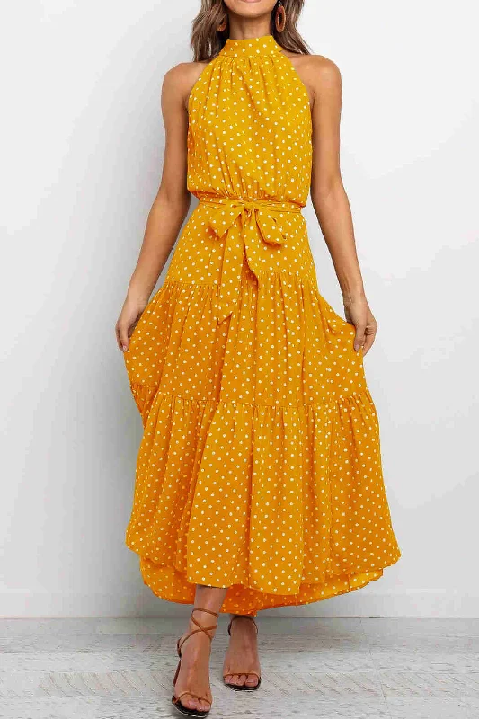 Doorbuster Deal Summer Halter Yellow Polka Dot Print Dress
