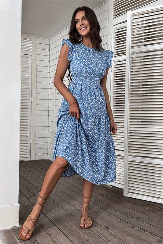 Super Sale Blue Floral Long Summer Beach Dress
