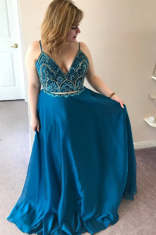 Reduced Prices Elegant Two Piece Peacock Blue Satin Long Prom Dress