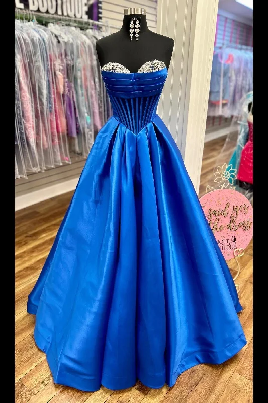 Today’s Deal Beaded Sweetheart Royal Blue Satin Formal Gown