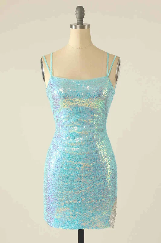 YEAR-End Sale Double Straps Blue Sequined Bodycon Homecoming Dress