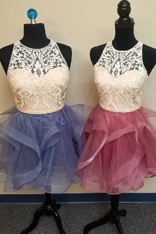 Shop and Save Appliqued Short Lavender Homecoming Dress with Ruffles