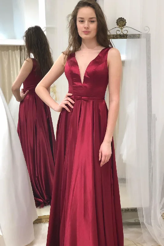 Quick Sale Simple A-Line V-Neck Burgundy Long Prom Dress