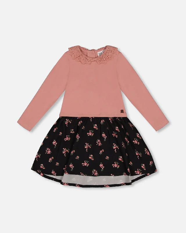 Hot Deal Bi-Material Dress With Eyelet Collar Light Pink Printed Flowers