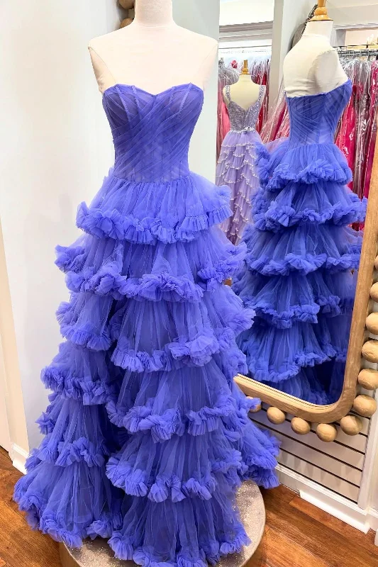 Early Access Strapless Purple Ruffle A-line Formal Gown