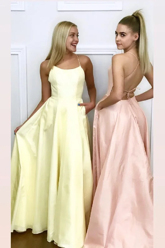 Great Deals Spaghetti Straps A-Line Long Daffodil Prom dress with Criss Back