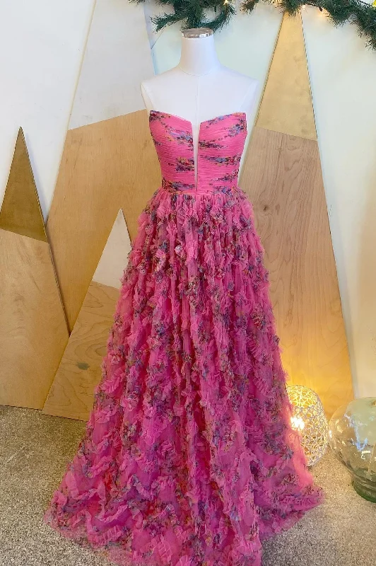 One-DAY Sale Strapless Fuchsia Floral Ruffle A-line Prom Gown