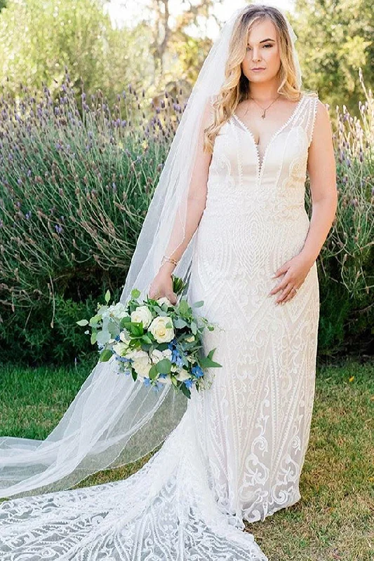 Grand Opening Sale Long Mermaid V-Neck Ivory Wedding Dress with Train