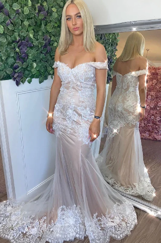 Discount Deals Princess Off Shoulder Mermaid White Lace Appliques Long Prom Dress