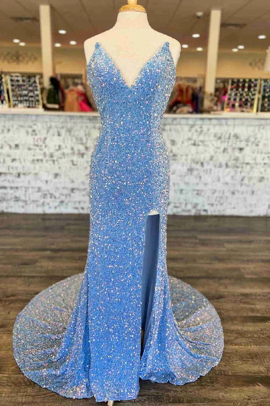 Bonus Savings Light Blue V-Neck Sequins Long Prom Dress with Slit