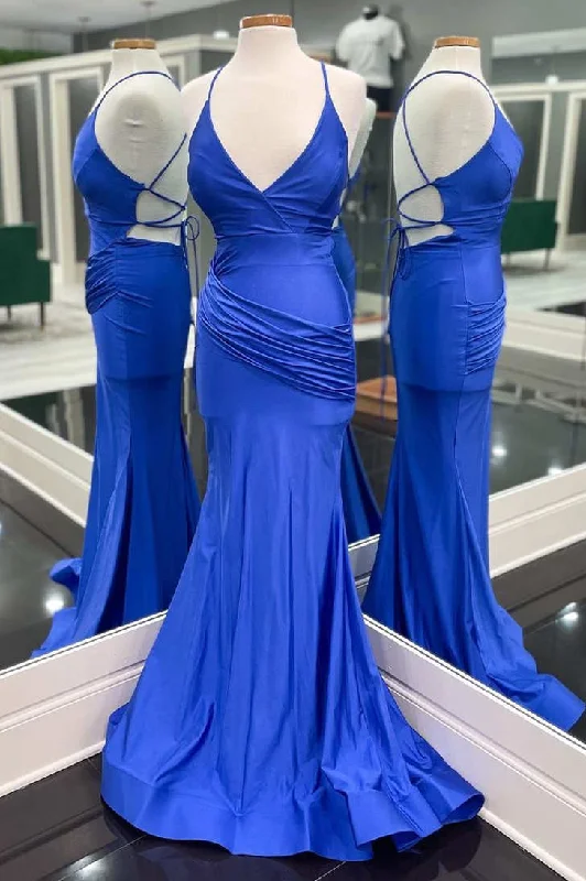 Lowest Price Tie Back Mermaid Royal Blue Pleated Prom Dress
