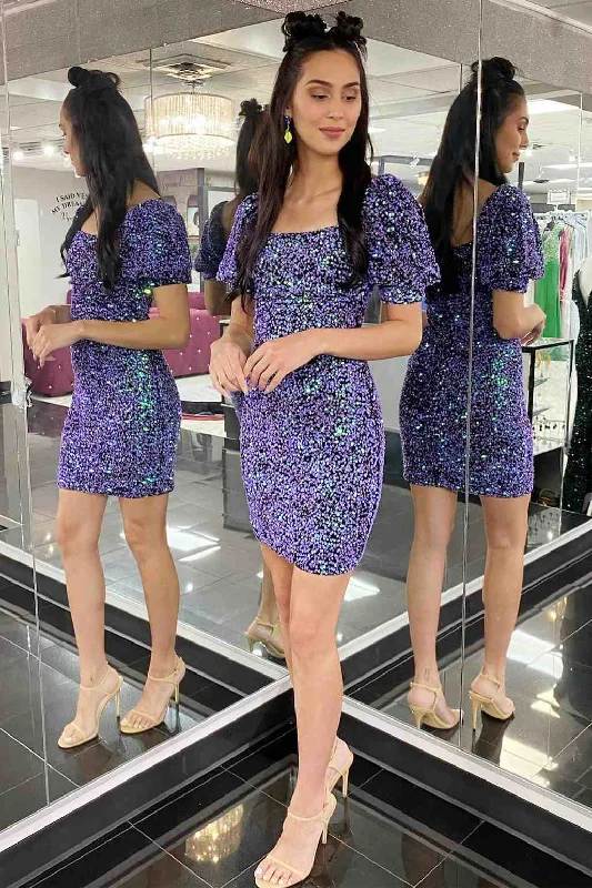 Extra Discounts Short Sleeves Purple Square Neck Bodycon Homecoming Dress