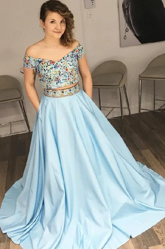 Last Chance Two Piece Light Sky Blue Floral Embroidery Prom Dress