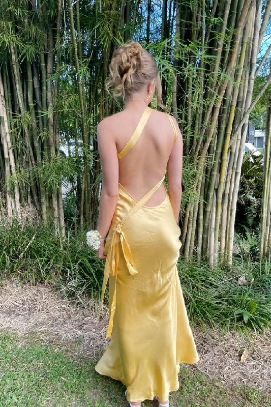 Price Reduction One Shoulder Yellow Soft Satin Fitted Party Dress