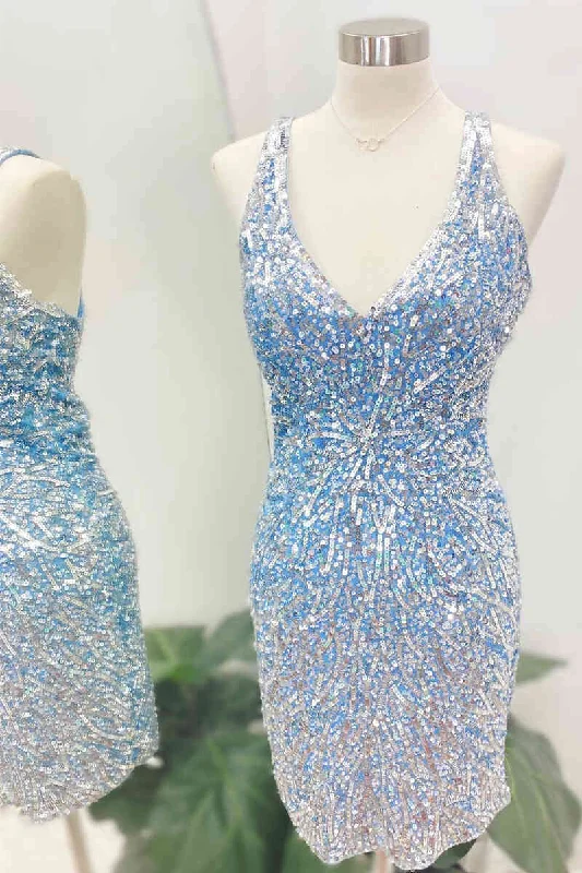 Sale Event Glitter V-Neck Blue and Silver Sequins Homecoming Dress