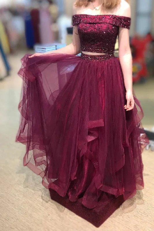 Weekend Special Two Piece Layered Off Shoulder Beaded Burgundy Prom Dress
