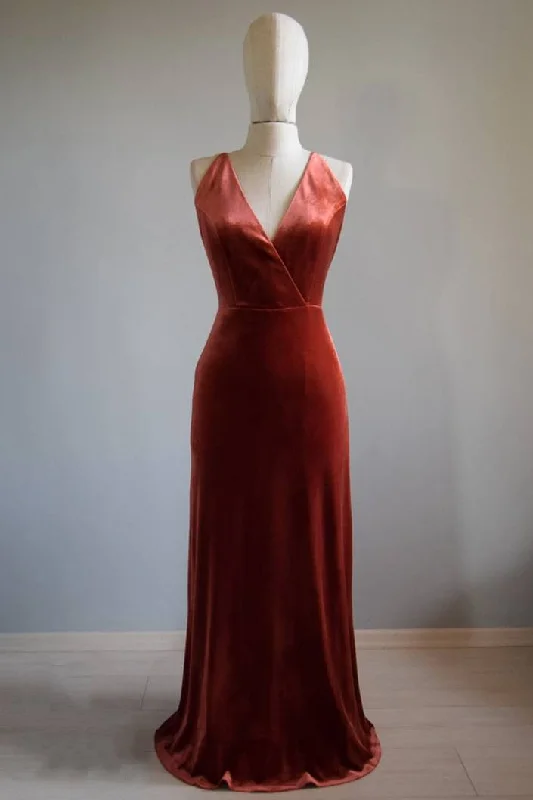 Bargain Prices V-Neck Copper Velvet Long Bridesmaid Dress with Strap Back