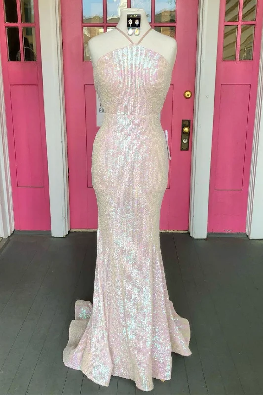 Final Markdown Halter Pearl Pink Sequins Long Formal Dress