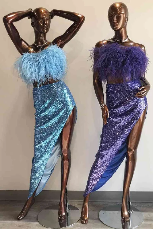 Sale Event Two Piece Strapless Sequins Slit Party Dress with Feather Top