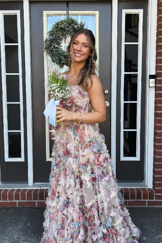 Take Advantage Strapless Floral Tulle Ruffles Formal Gown