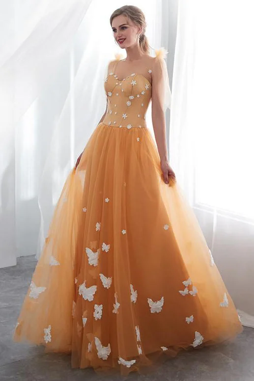 Daily Specials Princess Orange Long Prom Dress with Butterflies