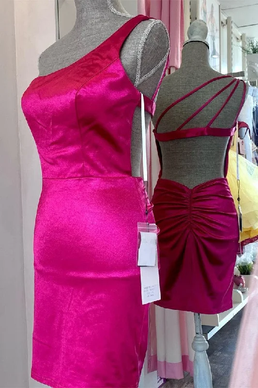 Warehouse Sale One Shoulder Backless Fuchsia Tight Party Dress