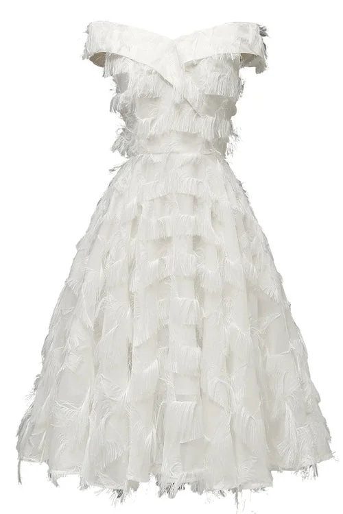 Special Savings Off the Shoulder White Long Party Dress with Fur