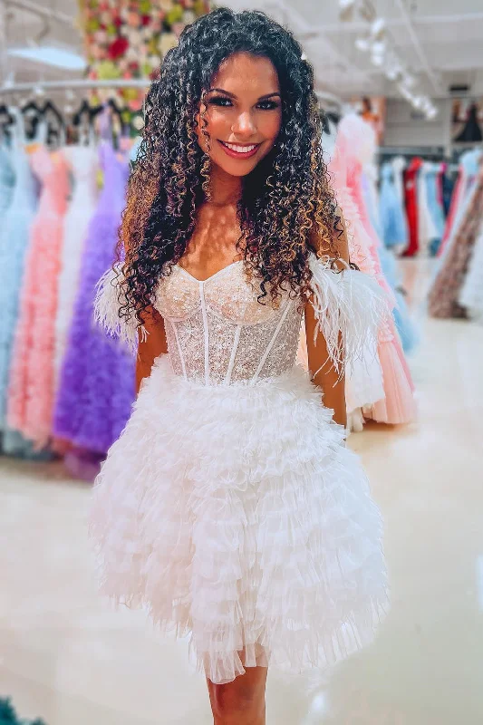 Sale Event White Off-the-Shoulder Feathers Ruffle-Layers Homecoming Dress