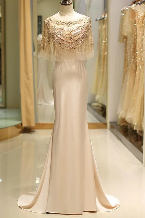Early Bird Discount Mermaid Boat Neck Beaded Champagne Prom Evening Dress
