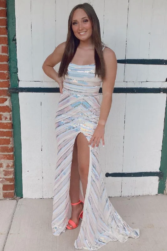 Bargain Prices Spaghetti Straps Sequins Long Prom Dress with High Slit
