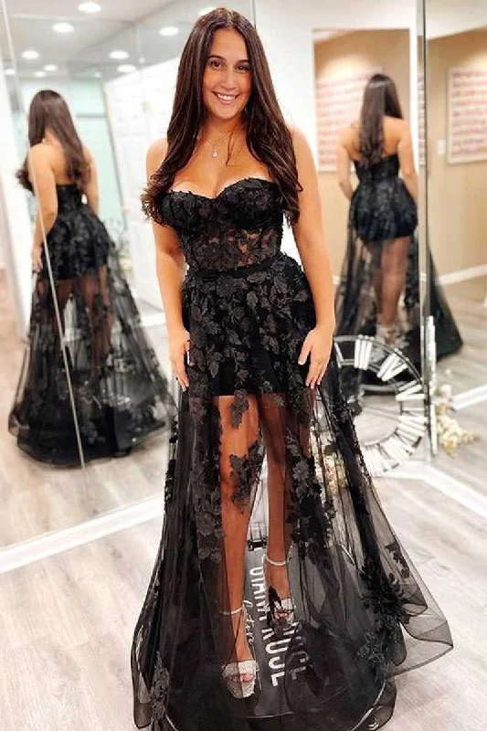 Today’s Deal Black Strapless A-Line Long Party Dress with Appliques