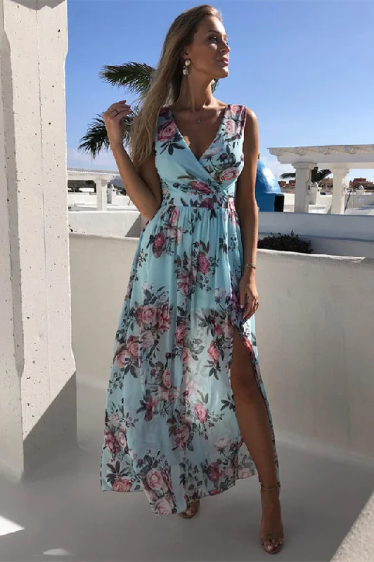Today Only V-Neck Light Blue Floral Print Summer Dress