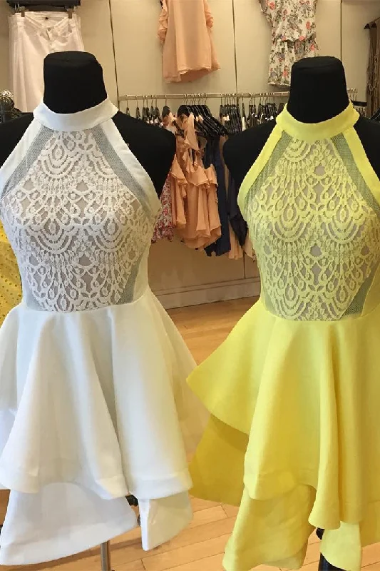 Limited Time Offer Short High Neck Short White/Yellow Homecoming Dress