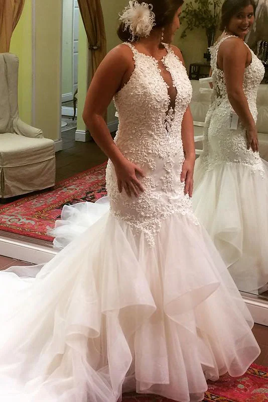 Take Advantage Long Deep V-Neck Mermaid Ivory Bridal Dress with Rufffles