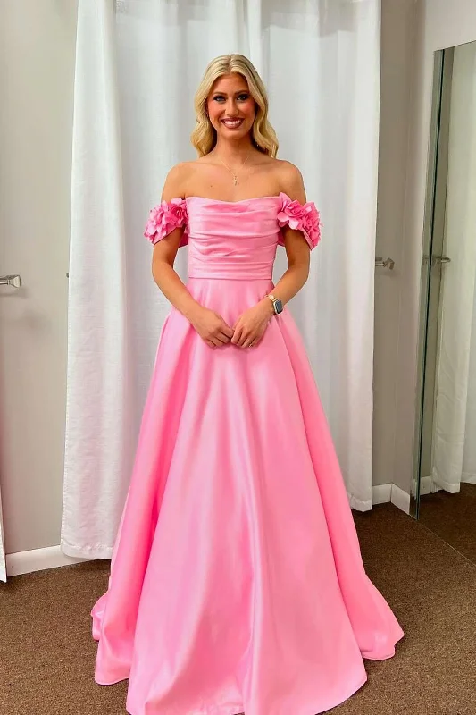 Fantastic Deals Flower Off the Shoulder Pink Satin A-line Prom Dress