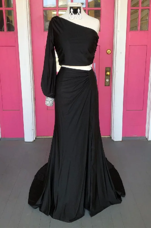 Discount Deals One Shoulder Black Long Dress Two Piece Prom Dress