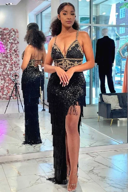 Price Rollback Hight Slit Black V-Neck Sequined Long Party Dress with Tassel
