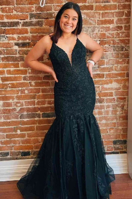 While Supplies Last Mermaid Black Appliques Long Prom Dress with Cutout Back