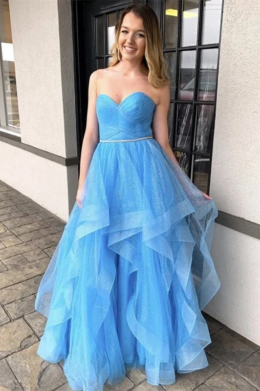 New Arrival Sweetheart Blue Tulle Long Prom Dress with Ruffles