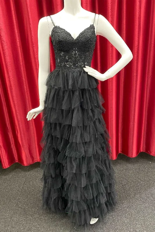 Weekend Special Black V Neck Straps Beaded Appliques Multi-Layers Keyhole Long Prom Dress