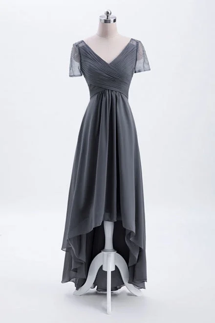 Reduced Prices Hi-Low Grey Beaded Bridesmaid Dress with Short Sleeves