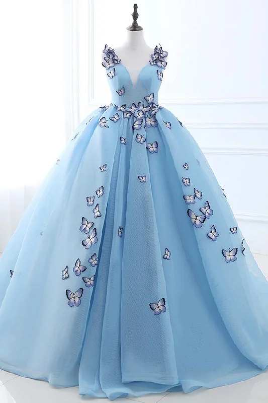 Value Deals Blue Appliques Lace-Up Prom Evening Gowns