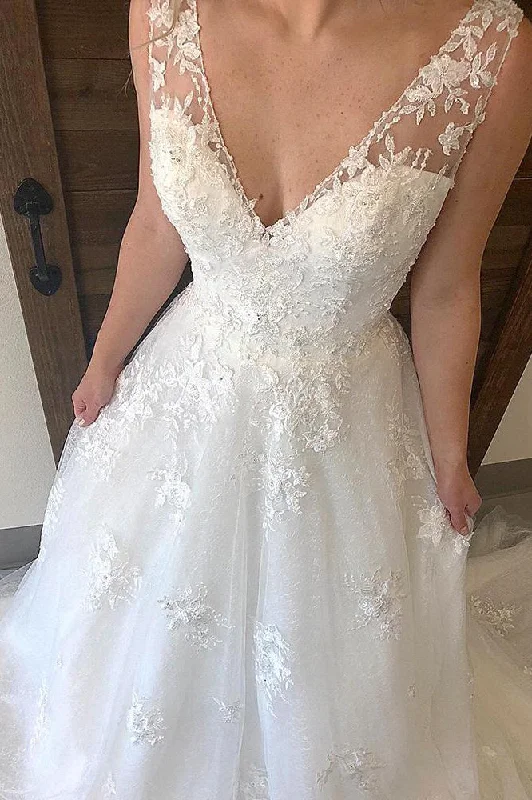 Exclusive Online Offer Ivory V-Neck Appliques Long Bridal Gown with Open Back